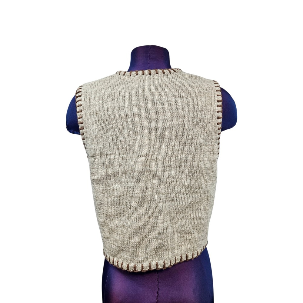Petite Sophisticate Vintage Knit Sweater Vest Botanical Patchwork Tan Small D36 - Picture 6 of 9